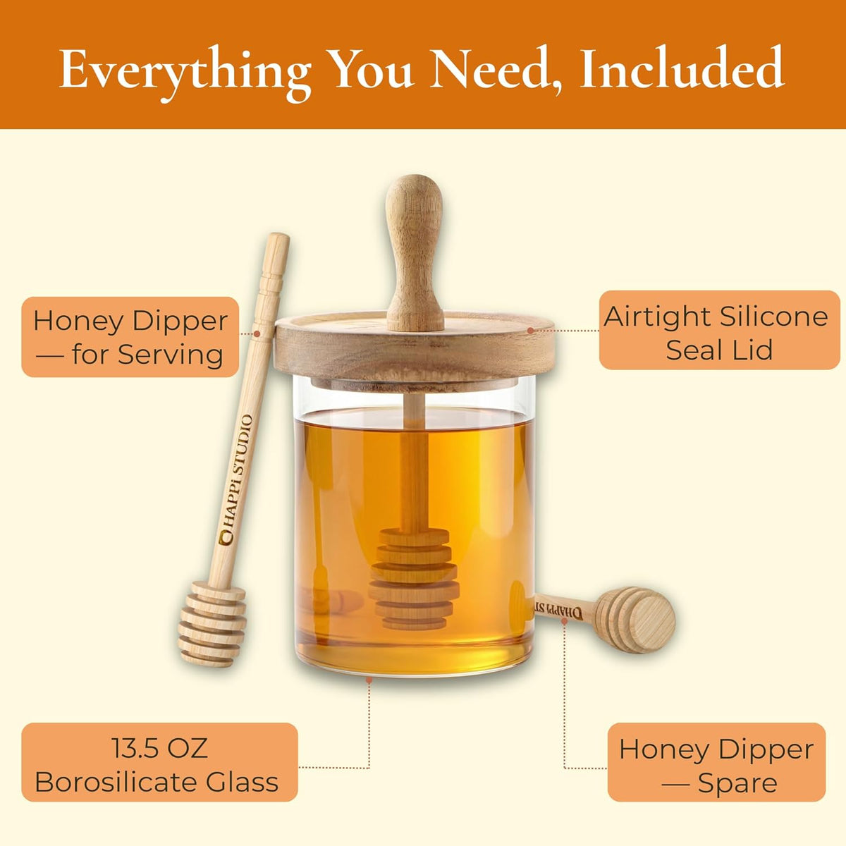 Honey Jar with Dipper Airtight - Glass Honey Pot Dispenser