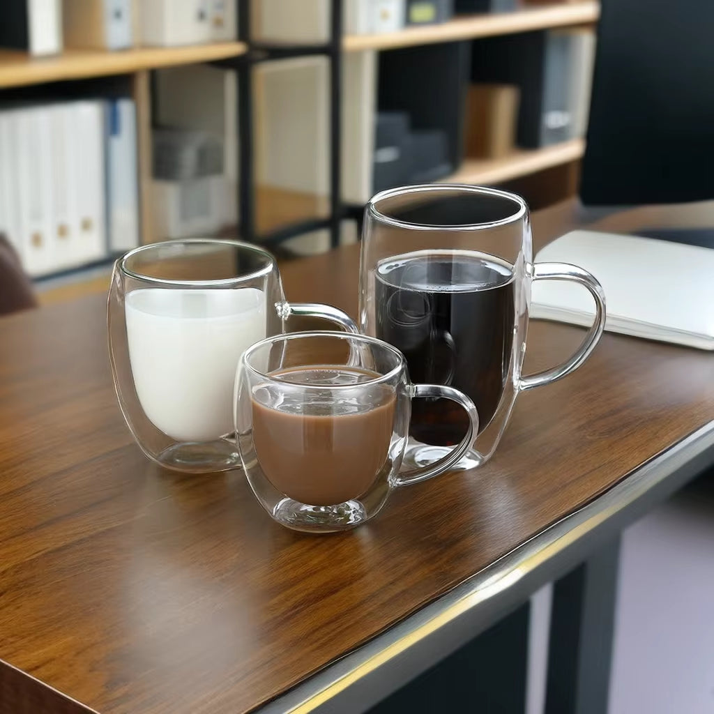 250 350 450Ml Borosilicate Double Wall Glass Coffee Mug with Handle Glass Cup for Beer Juice Water Wine Drinking