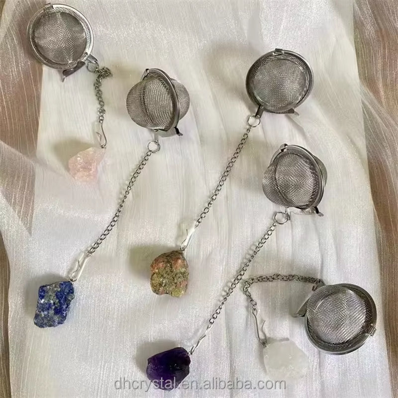 Portable 304 Stainless Steel Tea Infuser Ball Natural Raw Stone Amethyst Rose Quartz Spice Strainer Set Large Utensils