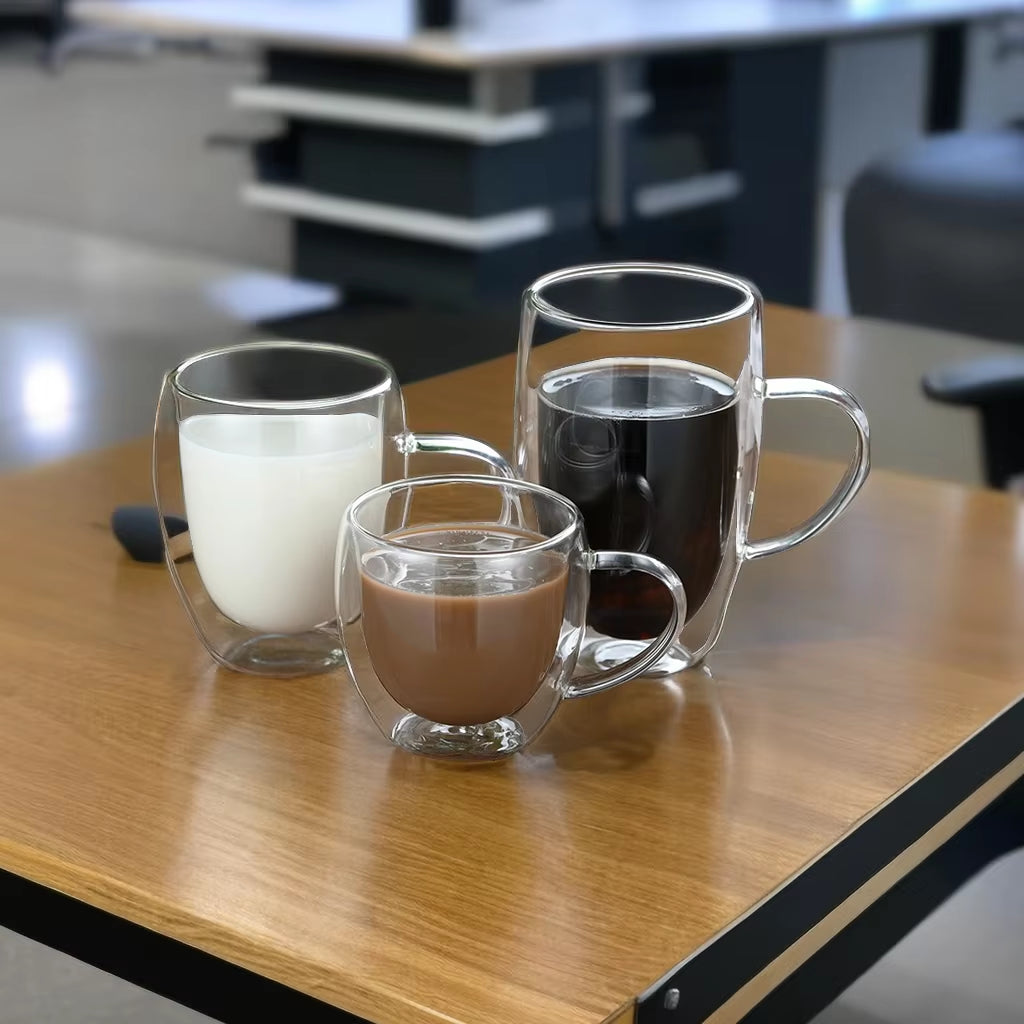 250 350 450Ml Borosilicate Double Wall Glass Coffee Mug with Handle Glass Cup for Beer Juice Water Wine Drinking