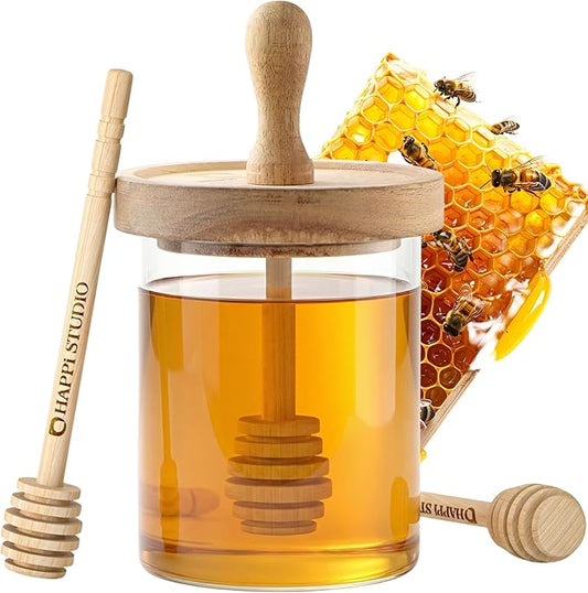 Honey Jar with Dipper Airtight - Glass Honey Pot Dispenser