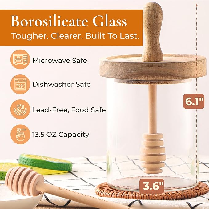 Honey Jar with Dipper Airtight - Glass Honey Pot Dispenser