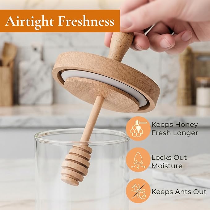 Honey Jar with Dipper Airtight - Glass Honey Pot Dispenser