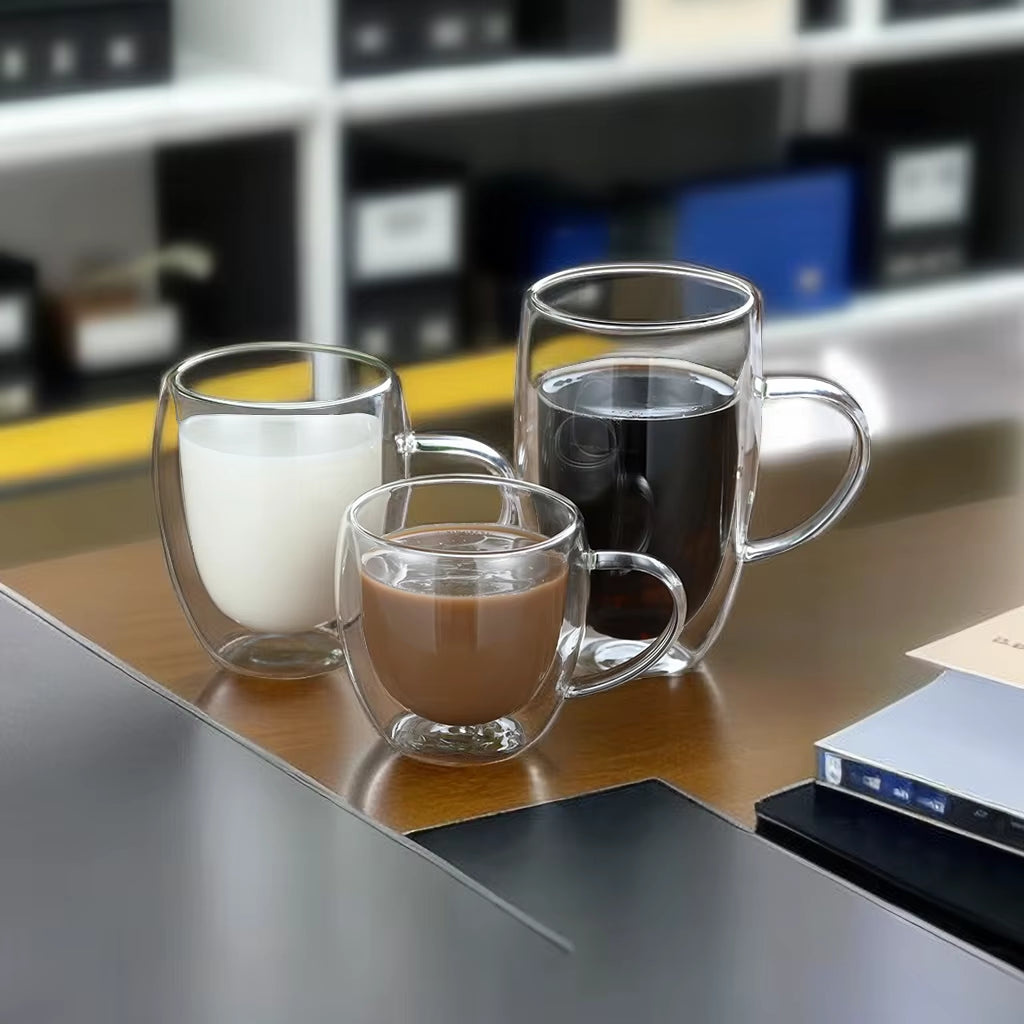250 350 450Ml Borosilicate Double Wall Glass Coffee Mug with Handle Glass Cup for Beer Juice Water Wine Drinking
