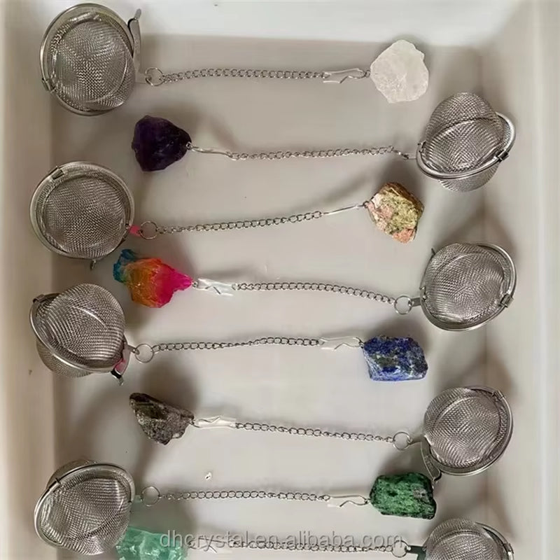 Portable 304 Stainless Steel Tea Infuser Ball Natural Raw Stone Amethyst Rose Quartz Spice Strainer Set Large Utensils